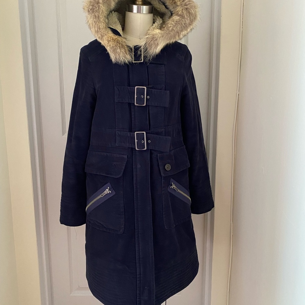 Marc by Marc Jacobs Velvet duffle coat with faux fur trim.